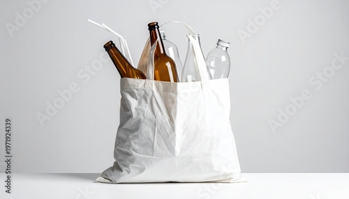 White tote bag full of bottles ready for recycling