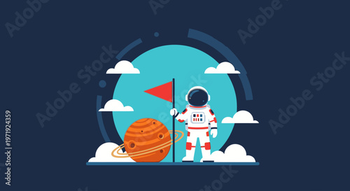 Illustration of an astronaut standing on a planet with a flag, surrounded by clouds and a blue circle on a dark blue background.