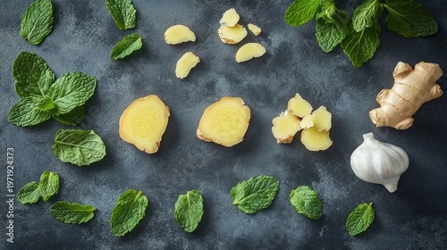Fresh ginger, mint, and garlic on dark stone. Culinary ingredients