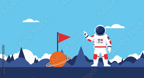 Illustration of an astronaut standing on a mountainous planetary surface with a red flag and orange planet under a blue sky with clouds.
