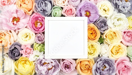A blank white frame surrounded by an array of colorful flowers