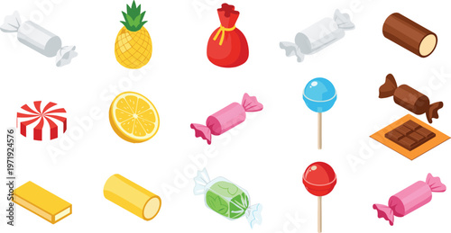Candy and Sweet Treat Set with Wrapped Candies, Lollipop, Chocolate, Pineapple, and Citrus Elements in Colorful Flat Style for Dessert Illustration Collection