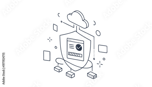 Isometric illustration of cloud security and data protection concept.