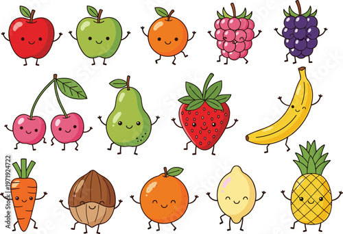 Cute Fruit Character Collection with Apple, Banana, Strawberry, Pineapple, and More in Kawaii Cartoon Style for Kids Design and Healthy Food Illustration