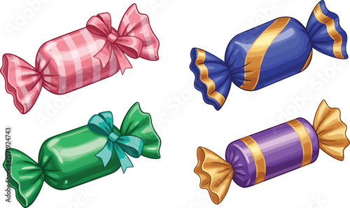 Wrapped Candy Set with Colorful Sweet Confectionery in Glossy Style for Dessert Illustration, Candy Shop Design, and Festive Treat Collection