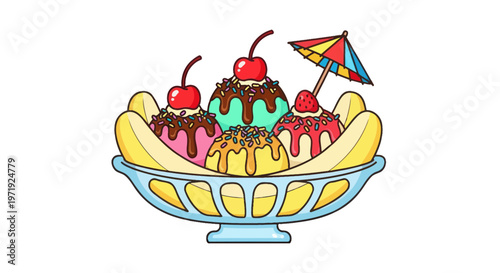 Colorful Banana Split Ice Cream Sundae with Cherries and Umbrella