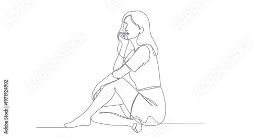 Minimalist Line Art of a Woman Sitting and Thinking