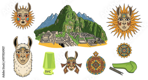 Machu Picchu, Peru and Andean Elements: Llamas, Sun Faces, and Symbols