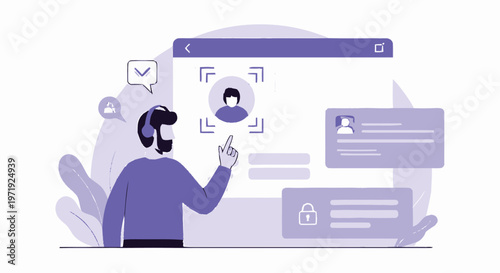 Illustration of a person interacting with a digital interface for facial recognition.