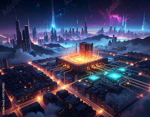 A futuristic cityscape with neon lights and circuit boards