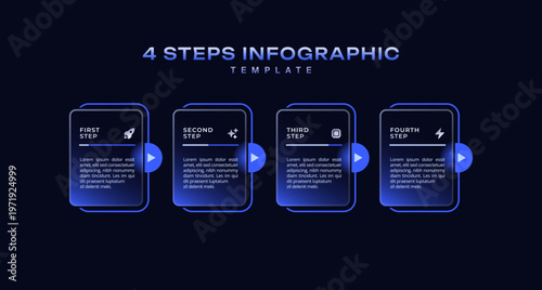 Dark progress bar infographic 4 step business process with rectangular elements and pointers in horizontal layout, simple flat vector template for presentation, workflow, and timeline design