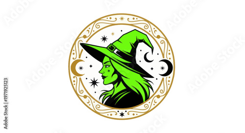 Witch Profile Icon Green Hat Crescent Moon Stars Ornate Circle