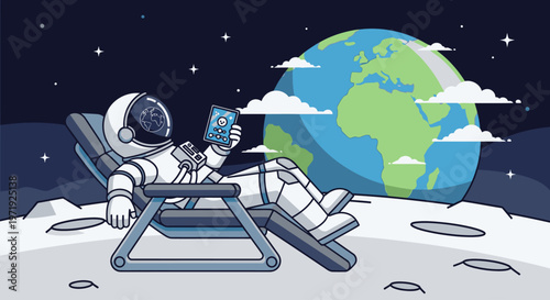Relaxed astronaut in white spacesuit reclines on a lunar deck chair, holding a smartphone with Earth and stars in the background, conveying a calm and serene mood.