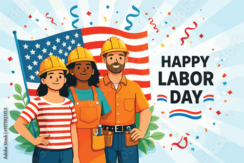 Happy Labor Day illustration featuring diverse construction workers and confetti