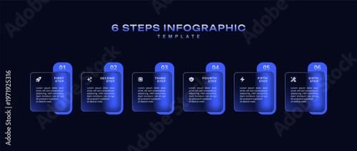 Dark progress bar infographic 6 step business process with rectangular elements and pointers in horizontal layout, simple flat vector template for presentation, workflow, and timeline design
