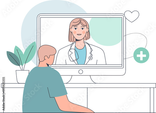 Man engaging in a virtual medical consultation with a female doctor on a computer screen, symbolizing modern telemedicine and accessible digital healthcare services for remote patient care