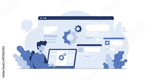 Illustration of a person using a laptop for web development.