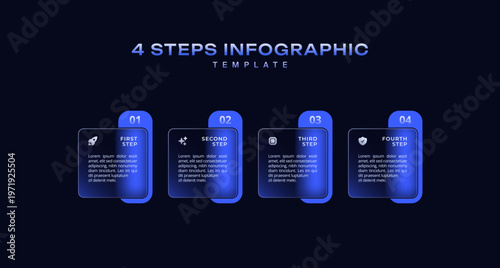 Dark progress bar infographic 4 step business process with rectangular elements and pointers in horizontal layout, simple flat vector template for presentation, workflow, and timeline design