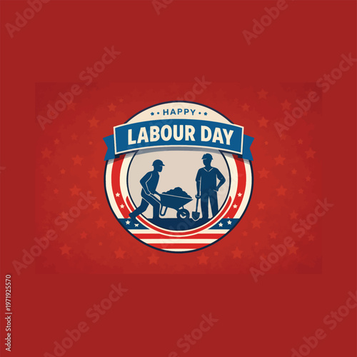 Happy Labour Day emblem with construction workers and tools on red background