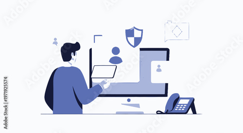 Illustration of a person working on a computer, data security.