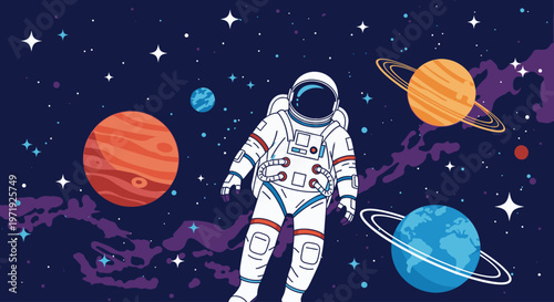 Illustration of an astronaut in a white spacesuit floating in space with planets and stars in the background.