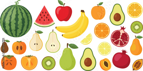 Fresh Fruit Collection with Watermelon, Apple, Banana, Citrus, Avocado, and Tropical Fruits in Colorful Flat Style for Healthy Food Illustration Design
