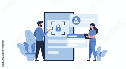 Illustration of digital security and data protection concept with people.