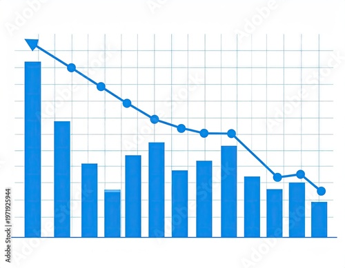 Bar chart juxtaposed with downward-sloping line on a grid