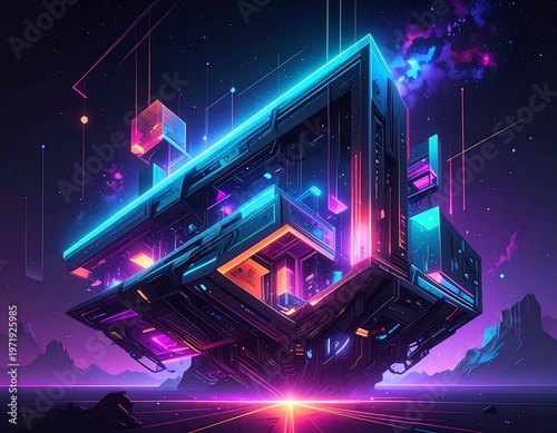 A futuristic cube floats in a vibrant, neon-lit space landscape