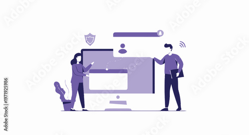 Illustration of people interacting with a computer interface, security, and login.