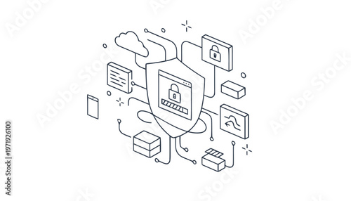 Isometric illustration of digital security and data protection concept.