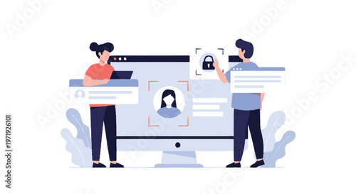 Illustration of people securing online access with facial recognition technology.