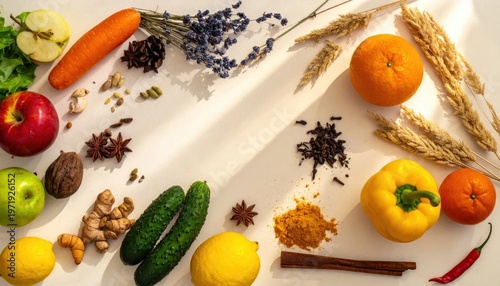 Fresh organic produce flat lay with vegetables, fruits, herbs and spices, healthy cooking ingredients, farm market composition, rustic kitchen background