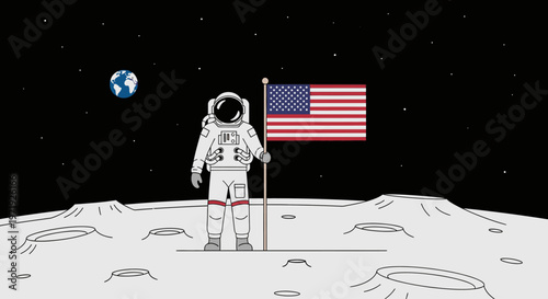 Illustration of an astronaut standing on the moon's surface with an American flag, looking at Earth in space with a black background.