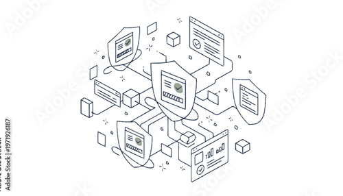 Isometric illustration of network security and data protection concept.