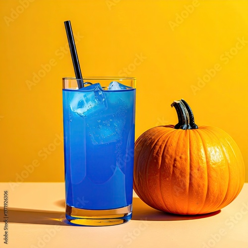 Refreshing blue drink in glass, pumpkin alongside on orange/yellow backdrop