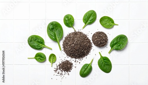 Fresh spinach leaves and healthy chia seeds arranged on a clean white tiled surface, top view for culinary photography and balanced diet