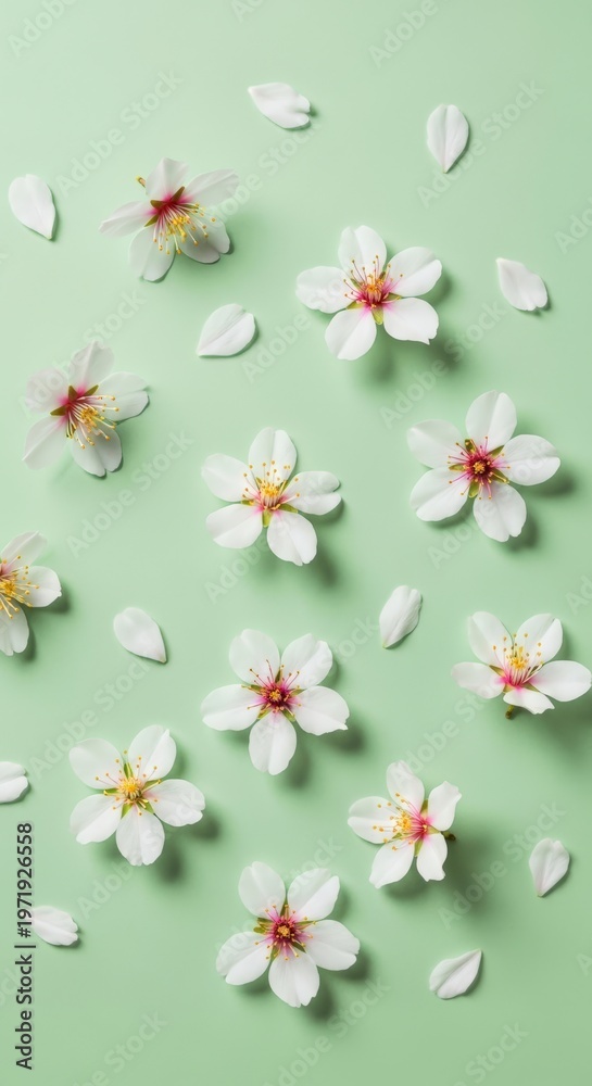 Fototapeta premium White Cherry Blossom Petals Falling Green.