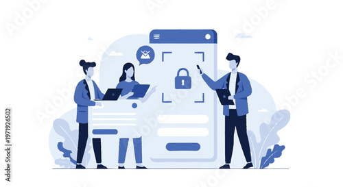 Illustration of people interacting with a mobile phone interface, security concept.
