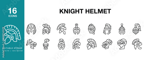 Knight Helmet icon set. Includes knight, helmet, armor, medieval, warrior and More. Editable Stroke Icon Collection.