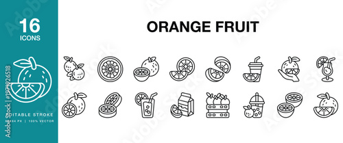 Orange Fruit icon set. Includes orange, fruit, citrus, vitamin, healthy, food and More. Editable Stroke Icon Collection.