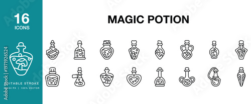 Magic Potion icon set. Includes potion, magic, elixir, alchemy, spell and More. Editable Stroke Icon Collection.