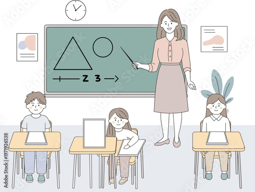 Classroom scene with a teacher instructing three young students, featuring geometric shapes on a blackboard and desk setups for learning