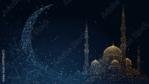 Mosque architecture appears as a digital wireframe construction to represent modern Islamic cultural heritage and technological advancement in religious design.