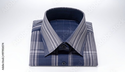 Folded plaid shirt with blue and gray hues, centered on white