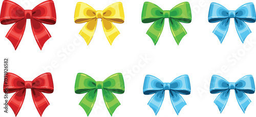 Glossy Ribbon Bow Set with Colorful Gift Bows in Shiny Styles for Celebration Design, Packaging Decoration, and Festive Illustration Collection