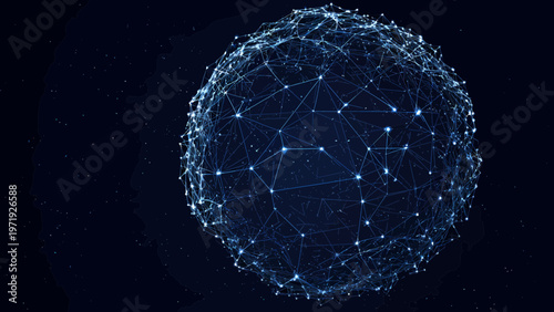 Global network sphere pulses with interconnected digital threads representing worldwide data communication systems.