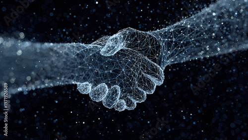 Handshake between two people rendered as a glowing digital wireframe symbolizes a successful professional partnership and trust in the modern technological era.
