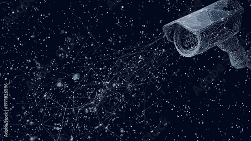 Security camera mounted on a wall monitors the digital landscape through an intricate web of glowing surveillance nodes.