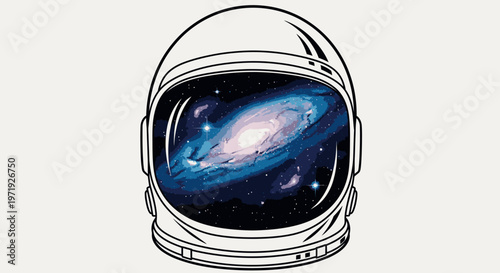 Illustration of a white astronaut helmet with a galaxy visible through the visor against a plain white background.